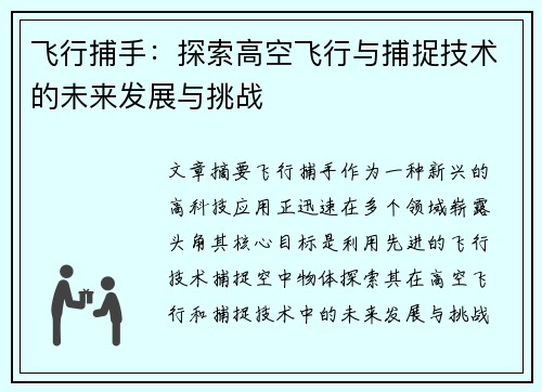 飞行捕手：探索高空飞行与捕捉技术的未来发展与挑战